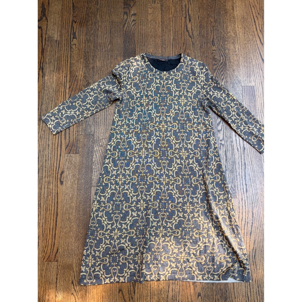 J.McLaughlin Shift Dress Women XS Gold Silver Damask Metallic Jacquard Holiday